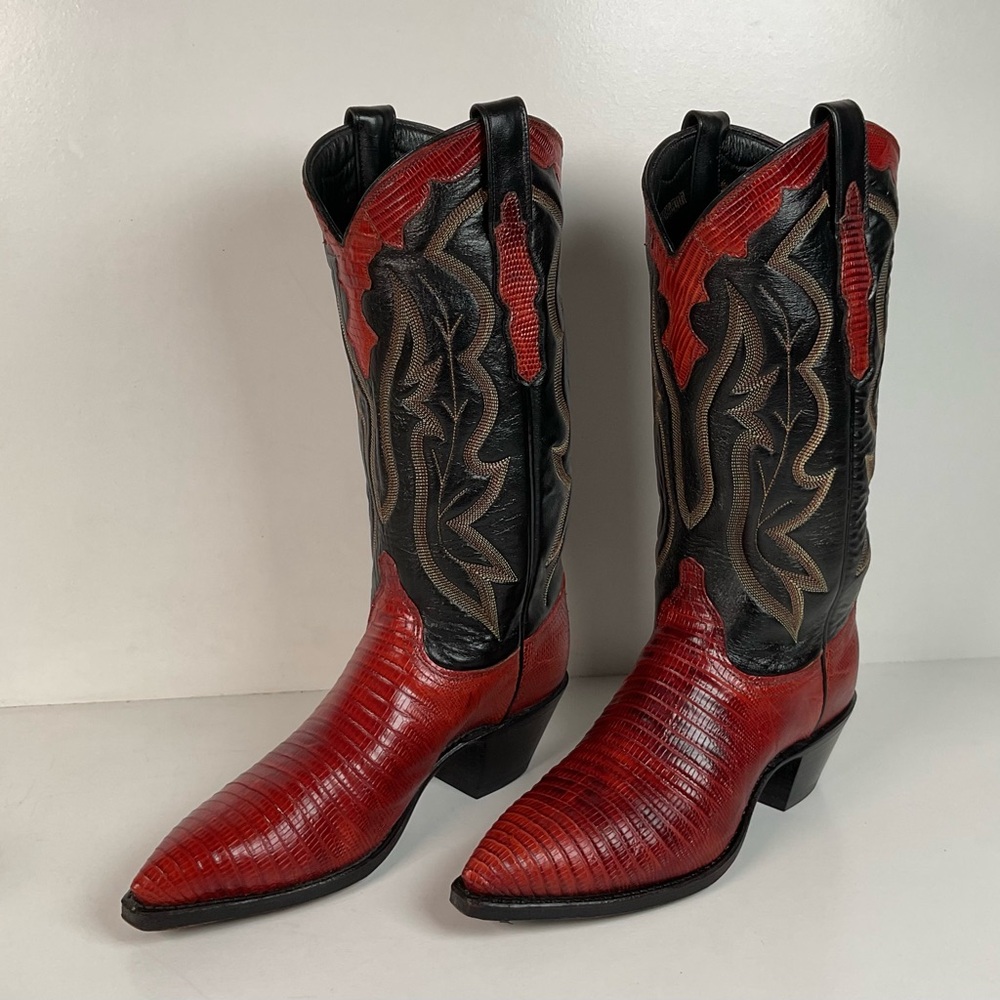 Vintage Dan Post Teju Lizard Cowgirl Boots | Tooled Overlays | Women’s 7.5